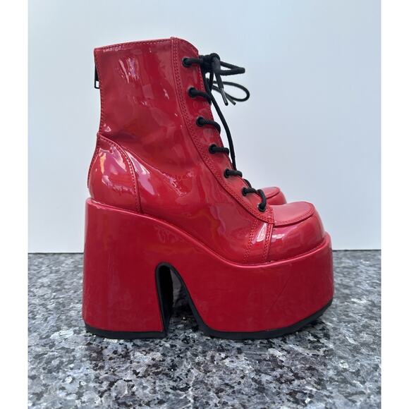 Demonia Camel 203 Red Patent Leather Platform Boots Women's Size 7 - Picture 1 of 15